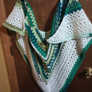 Handmade Green and White Crochet Shawl